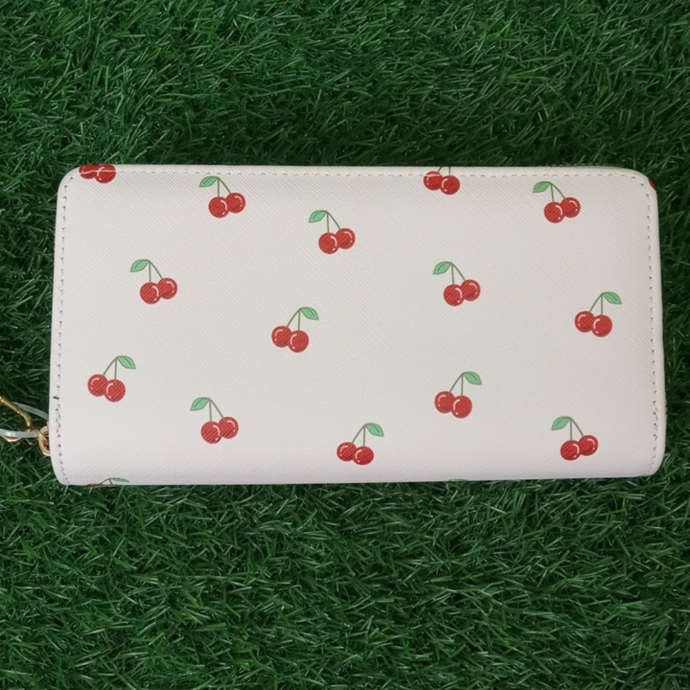 👜 Blush Kiss Cherry Print Double Zip Around Wallet - Picture 3 of 6